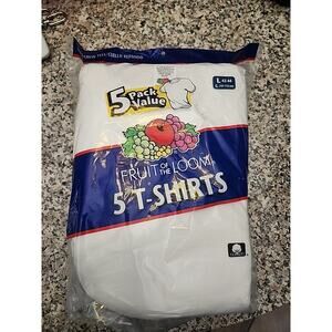 Vintage Fruit of the Loom Men's 5 Pack White Crew Tee Shirts Cotton Size L NEW